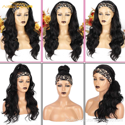 Aisi Dropshipping Glueless Long Body Wave Black Wavy Half Wigs No Lace For Black Women Synthetic Elastic Attached Headband Wig
